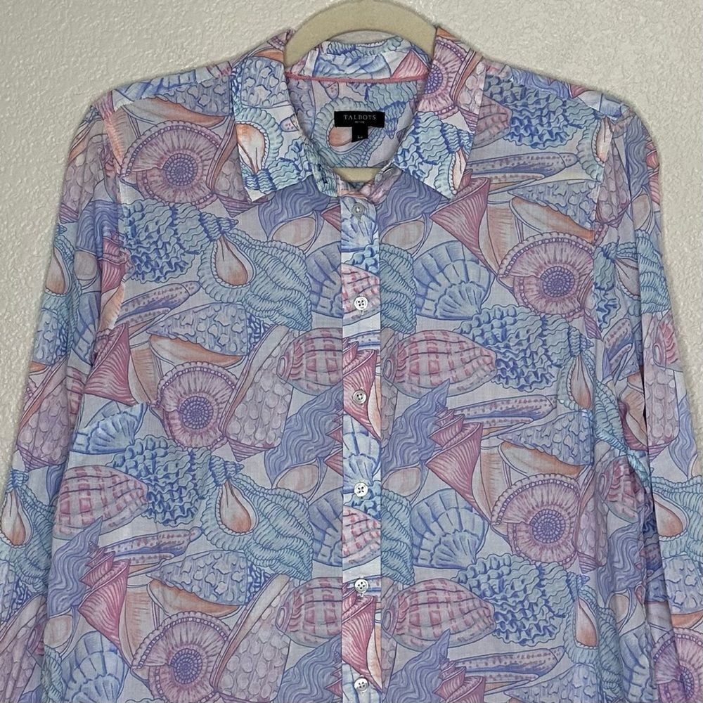 Talbots Seashells Print Long Sleeves Button Down Shirt, Sz Large Petite - Picture 3 of 12